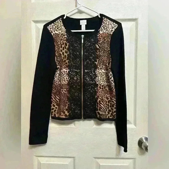 Chico's Sweaters - Chicos cardigan animal print lace zipup black color 60%cotton women’s size small